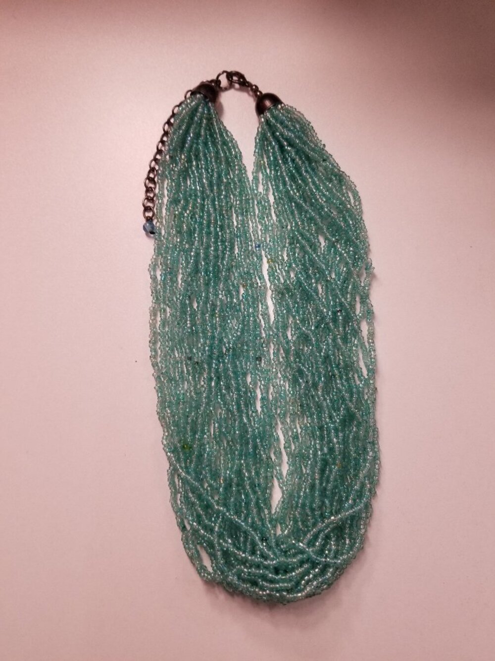 Vintage "Aqua Shimmer": Iridescent Aquamarine Glass Seed-Beaded Necklace